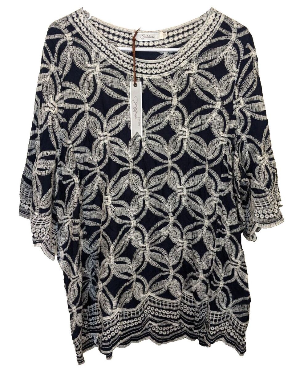 SOLITAIRE Navy Blue Tunic Top Embroidery Boho 3/4 Sleeve Plus Size 1X